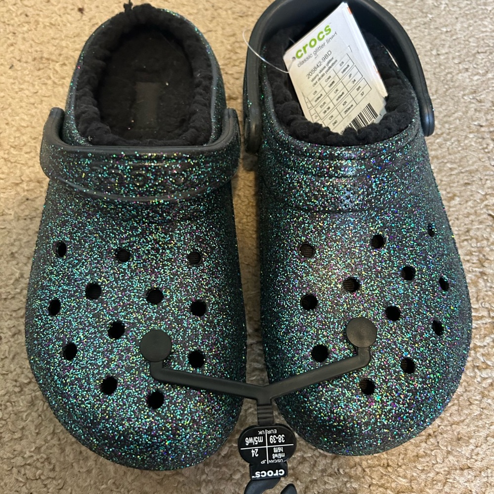 Starry Skies Glitter Crocs, Lined, US size Women's 8, never worn, new with tags